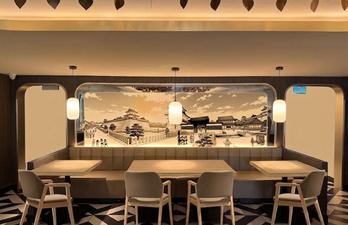 Booth seating beneath paper lanterns and a hand-drawn castle mural at ARI Thai & Sushi
