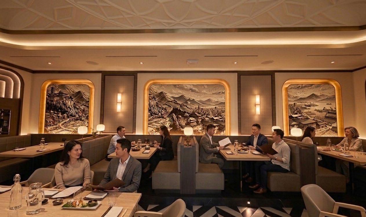 Guests dining beneath three brass arches framing hand-drawn mountain and harbour murals